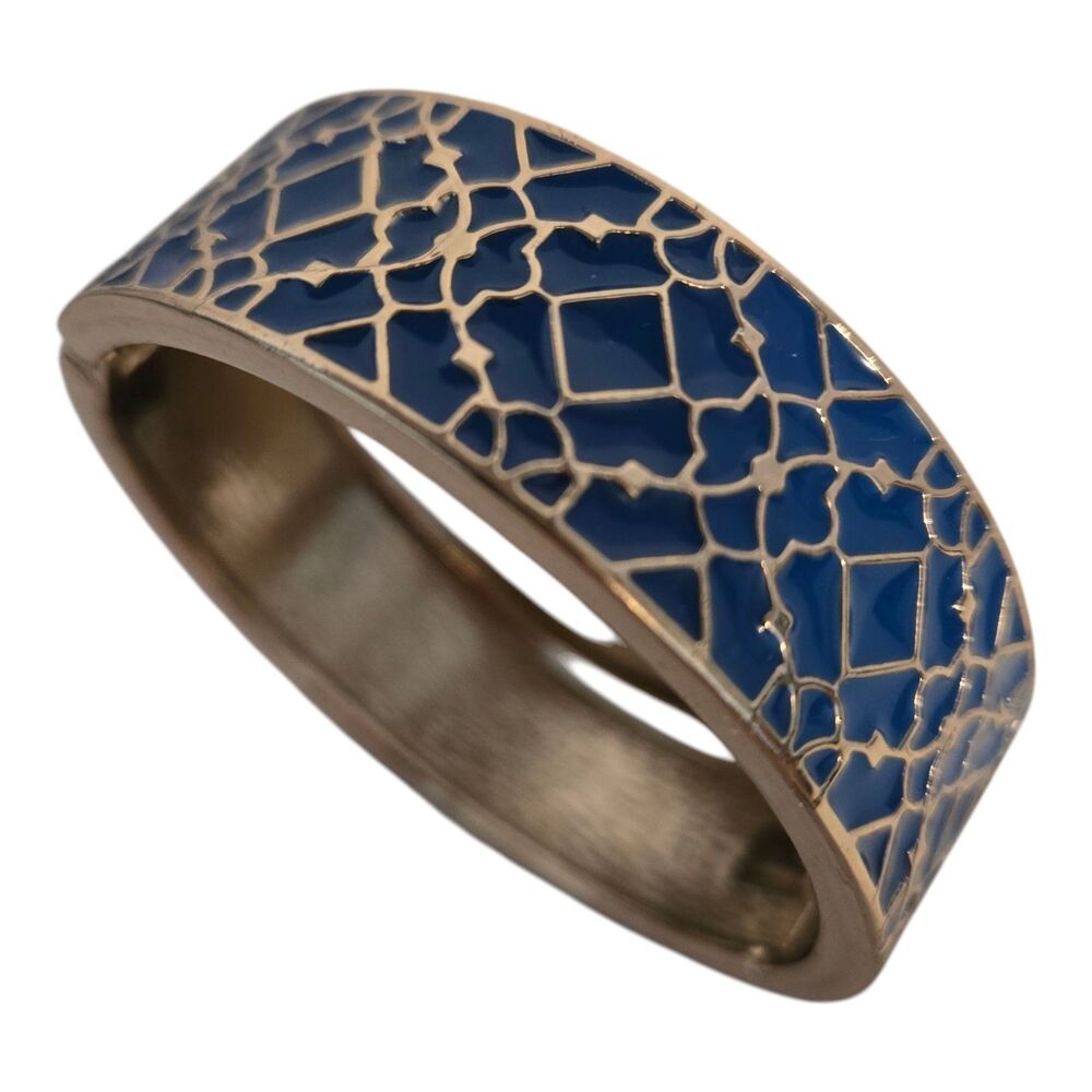 Fashion Bracelet Blue Enamel Silver Toned Trellis Pattern Hinged Clamper